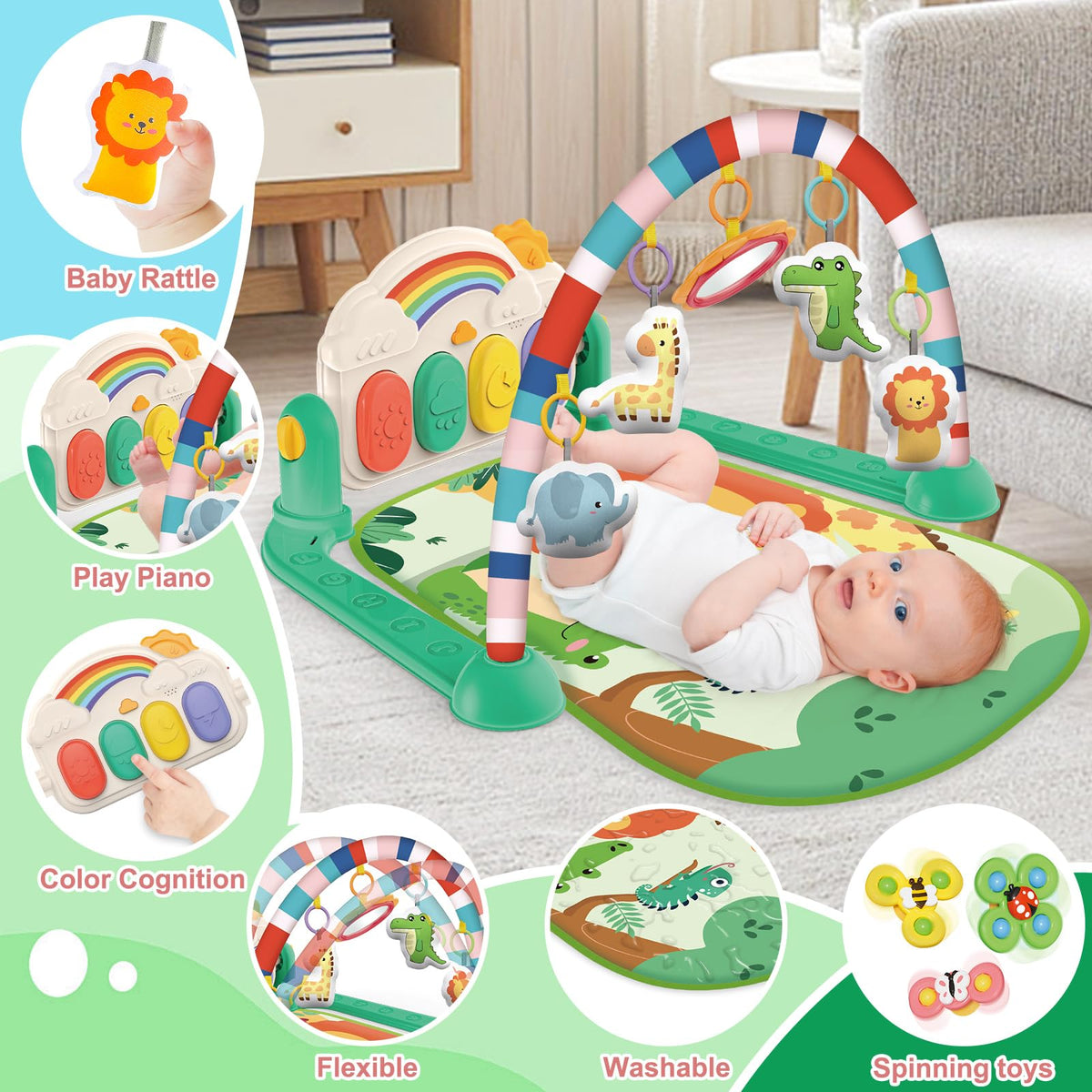 Joryuek Baby Gym & Play Mat, Tummy Time & Activity Mat Toys, Infant to Toddler Play Piano Mat, 0-12 Months (Green)