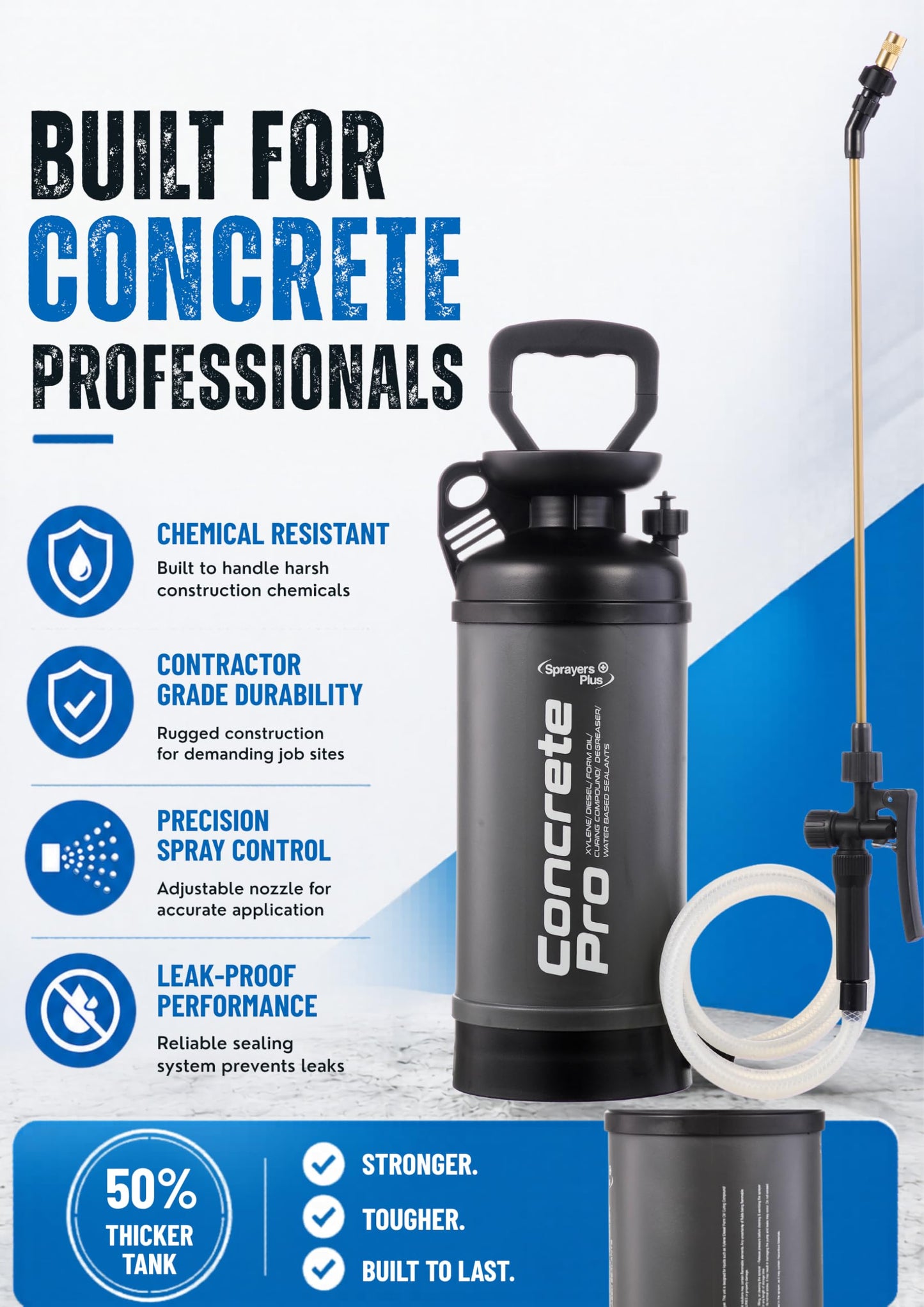 Concrete Sprayer 2 Gallon Chemical Resistant Compression Pump Sprayer for Form Oil, Water-Based Sealers,Construction Chemcial, Adjustable Pressure, Industrial Grade Durability Brass Nozzles