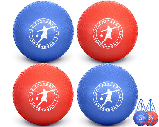 FATEUAER 10 Inch Kickball Set, Playground Ball with Carrying Bag, Dodge Balls for Kids and Adults, Bouncing Sport Handball and Toy Ball, Outdoor Balls Official Camps (10 Inch Red&Blue 4 Pack)