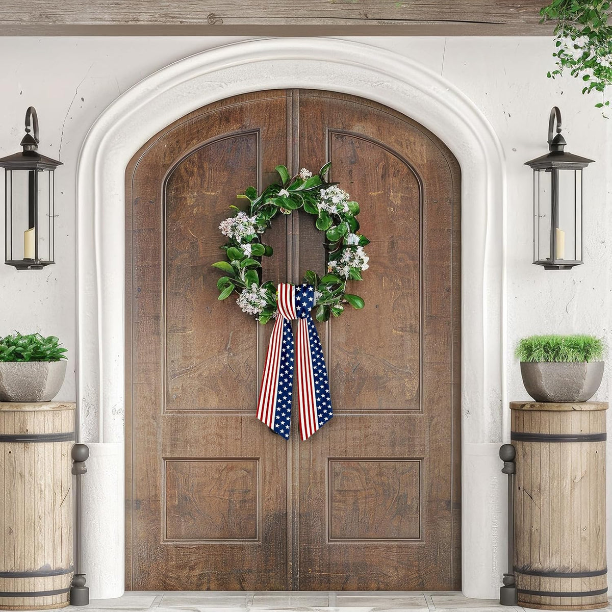 Patriotic Wreath Sash - Red & White Stripe Satin Ribbon | Star Garland for Indoor/Outdoor Decor, 5.1 x 54.3