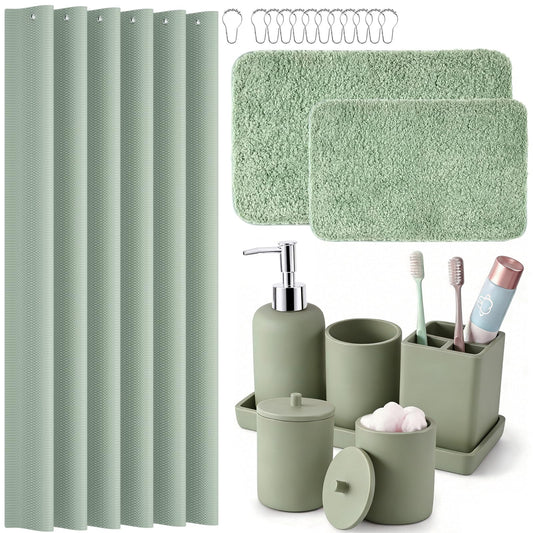 Sage Green Bathroom Accessories Set with Shower Curtain and Mats, 21 Pcs Resin Toothbrush Holder Sets with Holder and Lotion Soap Dispenser,Bathroom Countertop Organizer Set for Home Apartment