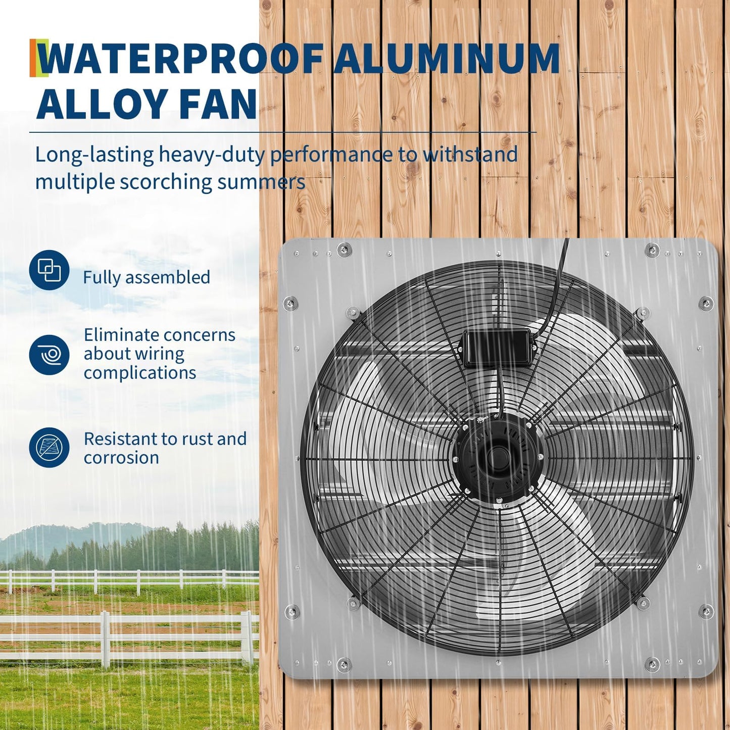 SierraSquad 24" Shutter Exhaust Fan with 5 ft Power Cord, 3500 CFM 1500 RPM Quiet High-Speed Airflow with Automatic Shutter Wall Mount fan for Garage, Attic, Greenhouse, Shed Ventilation