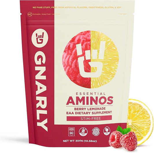 Gnarly Nutrition Essential Aminos Powder, Berry Lemonade ??Pre-Workout Amino Acids ??NSF Contents Certified ??Supplement to Support and Rebuild Muscle ??Berry Lemonade Caffeine Free, 10.58 oz