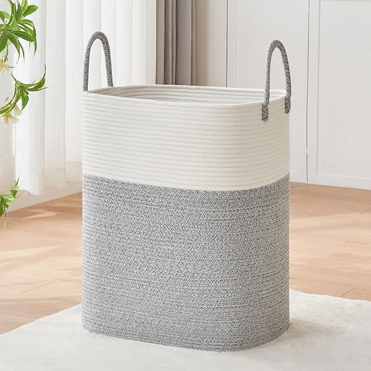 AINUOQI Laundry Basket with Handles - Blanket Basket & Hampers for Bedroom Aesthetic, Laundry Hamper & Blanket Storage for Living Room, Clothes Hamper, Tall,Large 21.7" x 16.9" x 11.8”, Light Grey