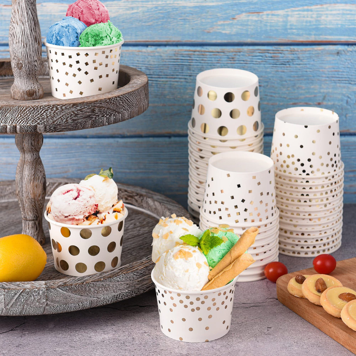 AimFun 60 Pcs Treat Snack Cups Gold Dessert Cups 8oz Disposable Paper Ice Cream Cups for Hot or Cold Food Container Birthday Christmas Party Supplies