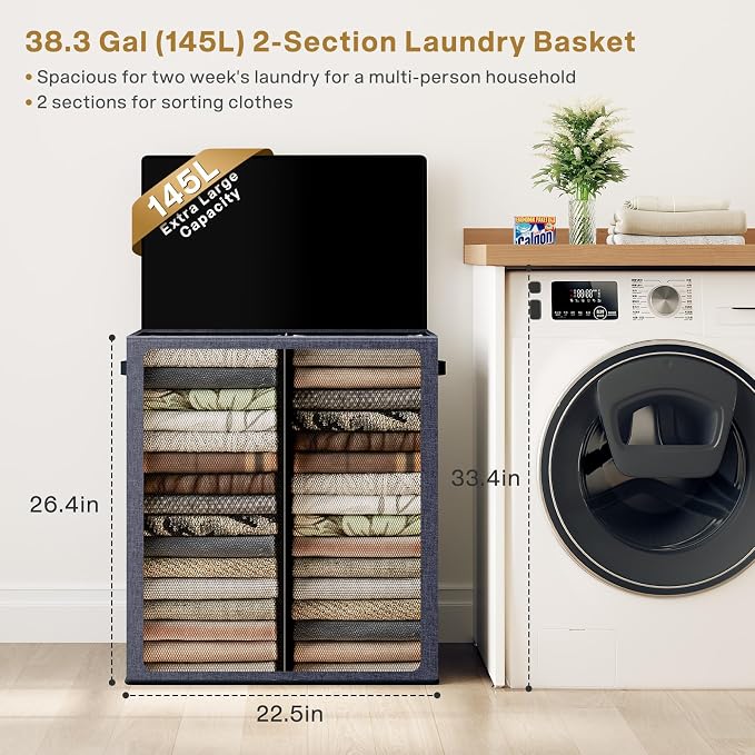 SOLEDI Large Double Laundry Hamper with Lid, Collapsible Clothes Hamper 2 section with Removable Bags, Space-Saving Laundry Basket for Bedroom, Dorm, College