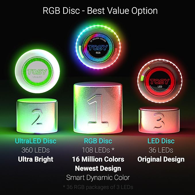 TOSY Bundle of 3 - RGB Black + 2X Blue - Frisbee 108 LEDs, 16 Million Colors