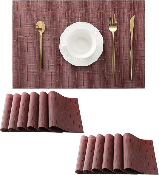 Leetaltree Burgundy Placemats Set of 12 - Heat Resistant Non-Slip Place mats for Dining Table, Washable Durable PVC Vinyl Woven Table Matsï¼Burgundy, 12ï¼