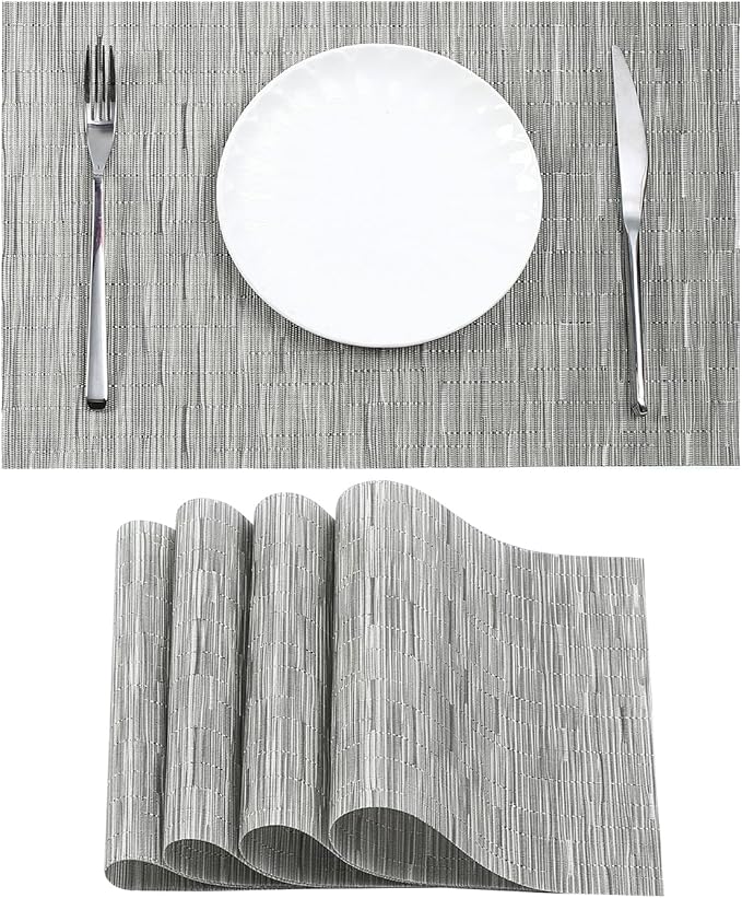 Leetaltree Silver Placemats Set of 4 - Heat Resistant Non-Slip Place mats for Dining Table, Washable Durable PVC Vinyl Woven Table Matsï¼Silver, 4ï¼