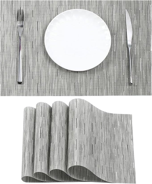 Leetaltree Silver Placemats Set of 4 - Heat Resistant Non-Slip Place mats for Dining Table, Washable Durable PVC Vinyl Woven Table Matsï¼Silver, 4ï¼