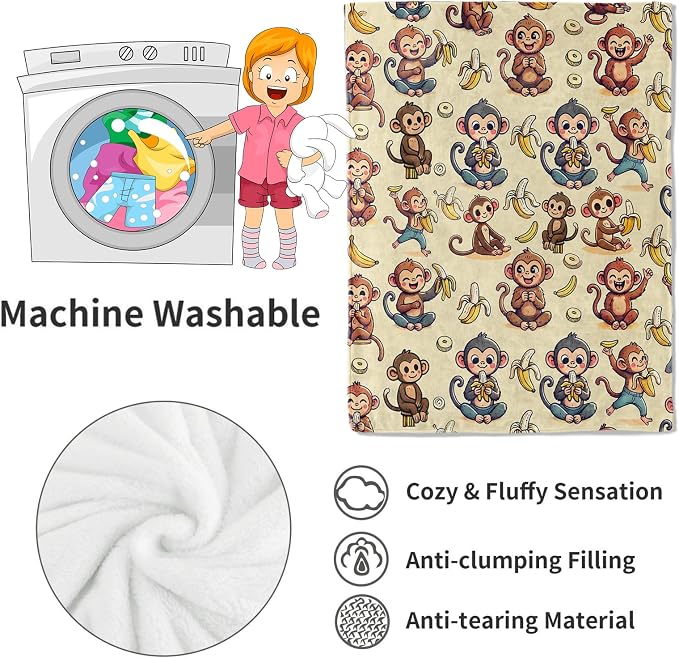 Monkey and Banana Blanket,Fun Cartoon Jungle Theme Throw Blankets,Birthday Gifts for Kids & Animal Lovers,Lightweight Soft Fleece,for Picnic Sofa Couch Bed Room Travel,Modern Decor,50x60in