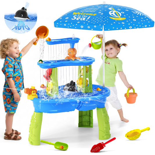 2026 Upgraded Water Table for Toddlers 3-5 4-8, 3-Tier Outdoor Water Tables with Umbrella, Kids Activity Play Table with Auto Electric Pump Summer Toys, Backyard Beach Water Toys for Boys Girls 3+