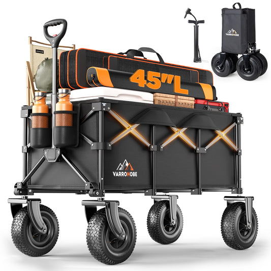 Beach Wagon with 10x3.5 Big Rubber Wheels for Sand, 400lbs Heavy Duty 220L Collapsible Utility Wagon, Easy Transport & Storage, Ideal for Sport, Camping, All-Terrain Outdoor Activities, Black