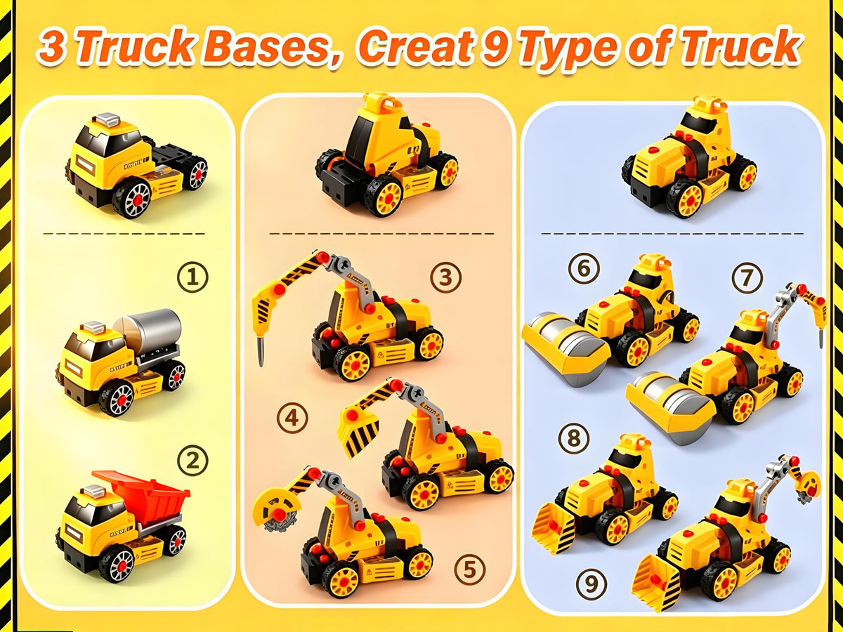FLY2SKY Take Apart Toys for 3 4 5 6 7 8 Year Old Boys 9 in 3 Construction Toy with Electric Drill Take Apart Truck Set DIY Engineering Building Toy Push & Go STEM Toy Gift for Boys Toys Age 6-8