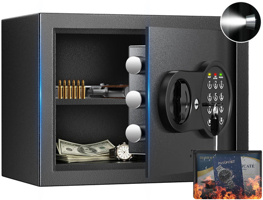 Mitlvge 0.9 Cuft Small Safe Box, Money Safe with Removable Shelf, Fireproof Waterproof Bag and Programmable Keypad, Home Safe with Smart Alert and Wall Mount Kits for Money, Jewelry and Documents