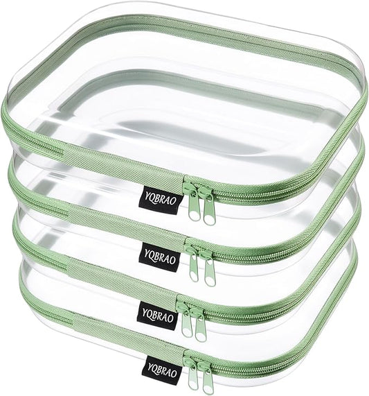 YQBRAO 4-Pack Clear Diaper Bag Organizer Pouches, 1.2mm Ultra-Thick PET Travel Pouches for Toiletries & Makeup, Rigid Self-Standing Bags with YKK Zippers, TSA Approved (Green)