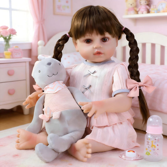 SCOM 18 Inch Reborn Baby Doll Girl with Long Hair, Lifelike Vinyl Baby Doll with Realistic Facial Details & Weighted Body, with Accessories, for Kids 3+, New Parents Training & Elderly Companion Play