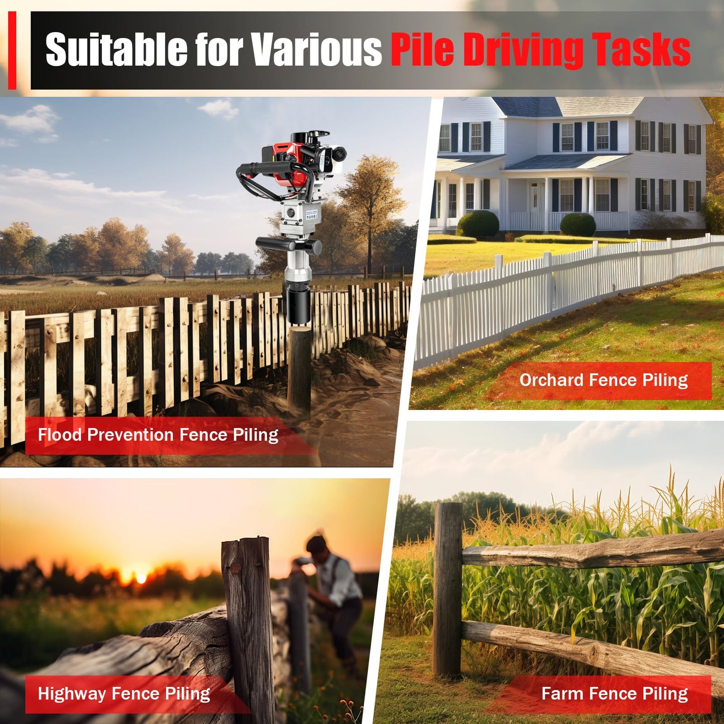 32.6CC Gas Powered T-Post Driver, 2 Stroke Gas Powered Pile Driver Fence with Hand-Pull Start Double Handle & Lightweight Design Portable Petrol Piledriver Piling Machine for Gardening Road Fencing