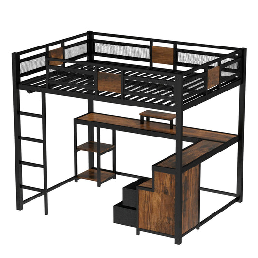 Bellemave Queen Loft Bed with L-Shaped Desk and Storage Drawers, Queen Size Loft Bed Frame with Computer Monitor Stand, Corner Shelf and Hanger Rod, Adults Loft Beds Nosie-Free, Black