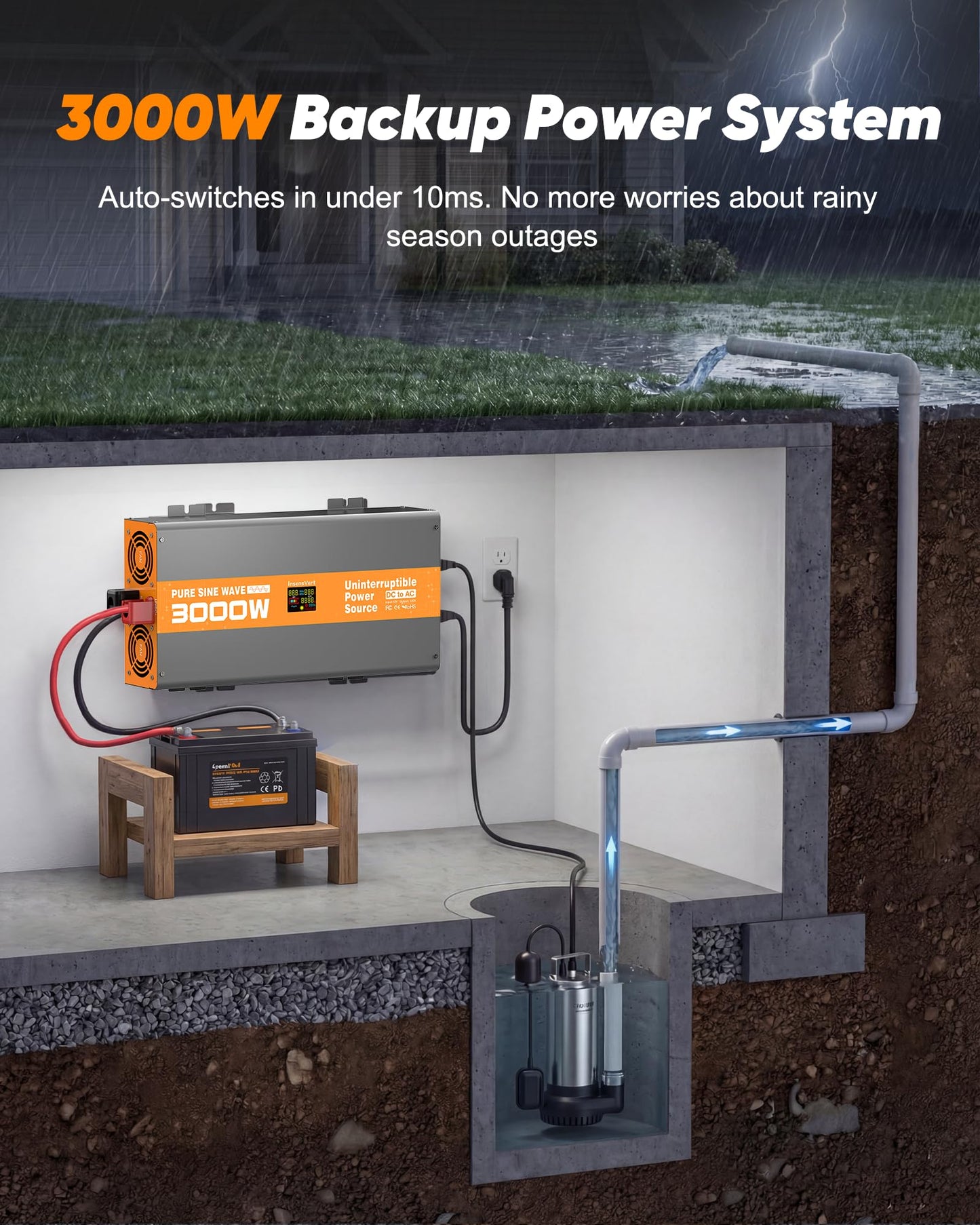 3000W Sump Pump Battery Backup, Uninterruptible Power Source with Pure Sine Wave Inverter & LCD, 10ms Auto Switch & Fast Charging for Power Outage Protection
