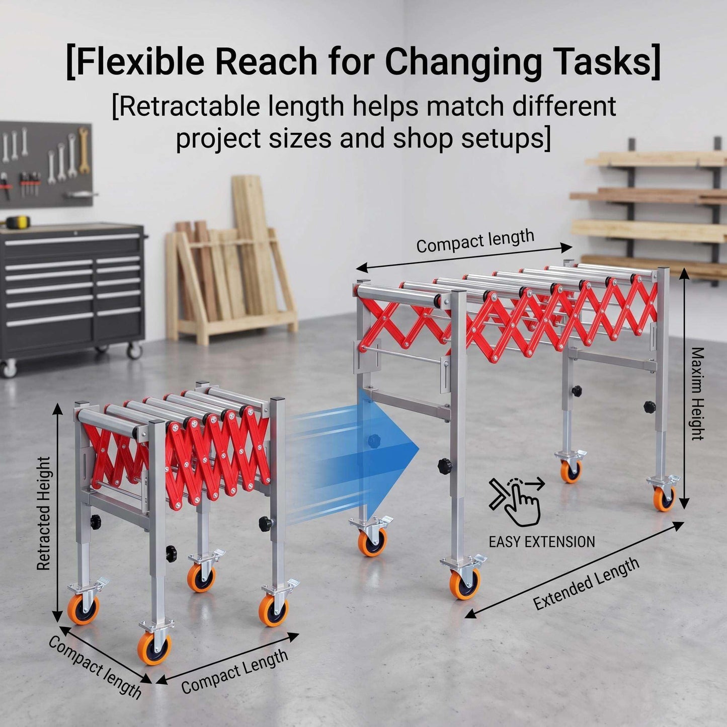 Expandable Roller Conveyor, Portable Material Handling Stand with Locking Casters, 27.5''-43'' Adjustable Height, 600 lbs Capacity Roller Conveyor for Packing Shipping and Roller Conveyor Support