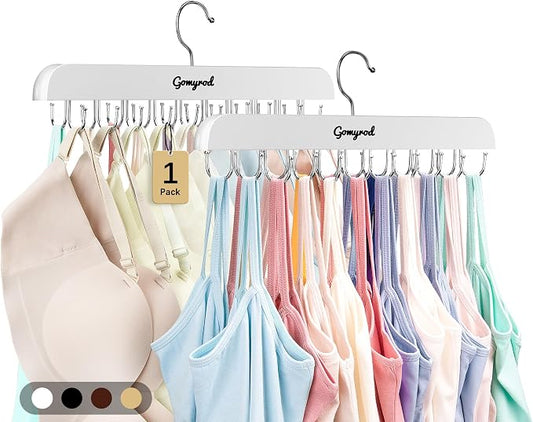 Gomyrod Bra Hanger for Closet, 1 Pack Tank Top Hanger w/20 Hooks Capacity Foldable Wood Space Saving Hangers, 360°Rotating Closet Organizers and Storage for Dorm & Apartment for Bra Scarf Ties(White)