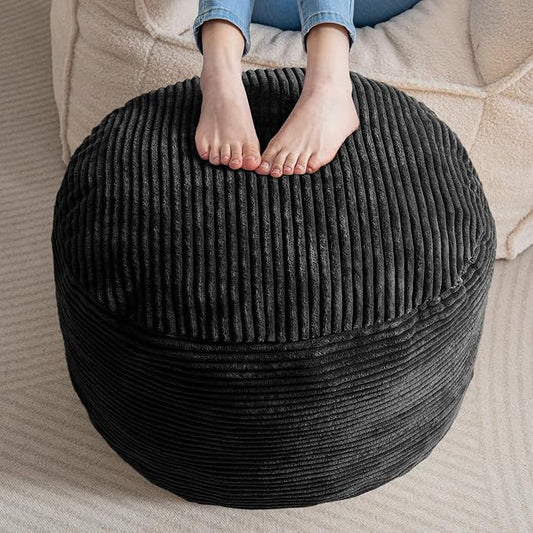 HIGOGOGO Round Stuffed Pouf Ottoman, Corduroy Poufs with Foam Chunk Filling, Furry and Fluffy Pouf Foot Stool Storage Ottoman, 26 X 18 Floor Poufs Foot Rest for Living Room, Black