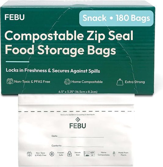 FEBU Snack Compostable Food Storage Bags, 180 Count | Certified Home Compostable & Biodegradable | PFAS & BPA Free Zipper Bags | Leak-Proof & Resealable | 6.5"x 3.25"