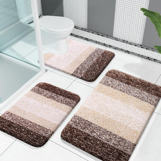 OLANLY Bathroom Rug Set - Soft Absorbent Microfiber Mats & U-Shaped Contour Rug | 3-Piece Brown Set (30"x20", 24"x16", 24"x20")