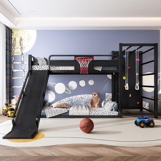 Bellemave Twin Size Bunk Bed with Basketball Hoop, Pull-up Rings and Climbing Wall, Twin Bunk Bed with Slide and Bookcase, Heavy Duty Bunk Beds with Guardrail, Black