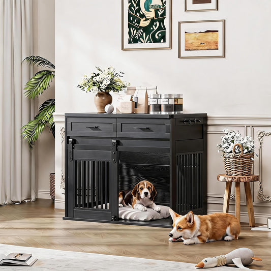 44.5''Large Dog Crate Furniture with 2 Storage Drawers,Heavy Duty Dog Kennel Indoor with Hook,Dog Kennel End Table TV Stand, Farmhouse Style Dog Crates with Sliding Barn for Medium/Large Dogs,Black