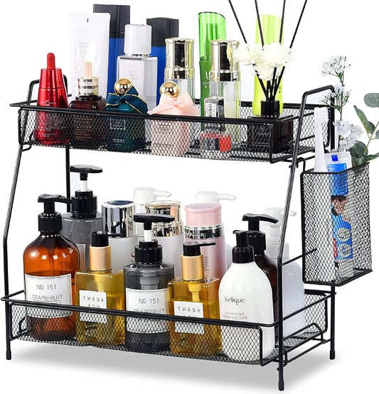 LEMIKKLE Large Countertop Organizer for Bathroom Counter, Bathroom Organizers and Storage, Under Sink Organizer Spice Rack Organizer for Kitchen with Basket(Black)