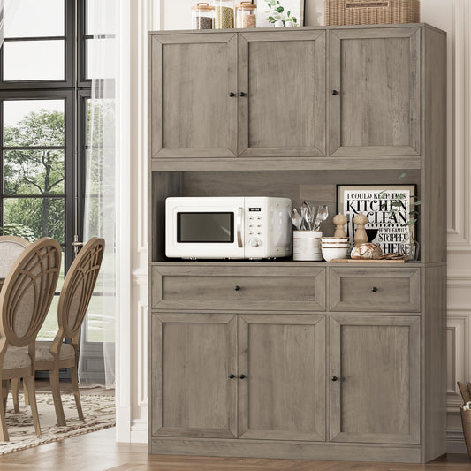 BOTLOG 72" Kitchen Pantry Cabinet, Kitchen Hutch with Microwave Stand, Buffet Cabinet with Hutch for Dining Room, Ash Gray