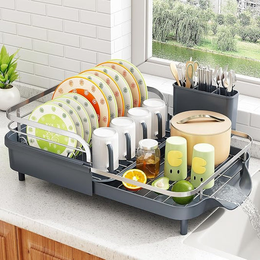 SAYZH Dish Drying Rack - Expandable Dish Rack for Kitchen Counter, Rust-Resistant Dish Drainer with Utensil Holder and Raised Guardrail, Kitchen Organizer for Cup and Bottle (Grey)
