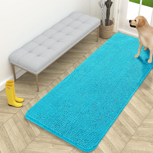 OLANLY Dog Door Mat - Absorbent Non-Slip Chenille Mat for Muddy Paws | 59x24 Inches, Aqua Blue