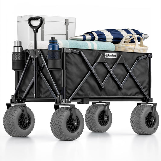 Beach Wagon with Heavy-Duty 10" Air Tires - All Terrain Folding Card with Big Wheels for Sand and Gravel - 300 LB. Capacity (Black)