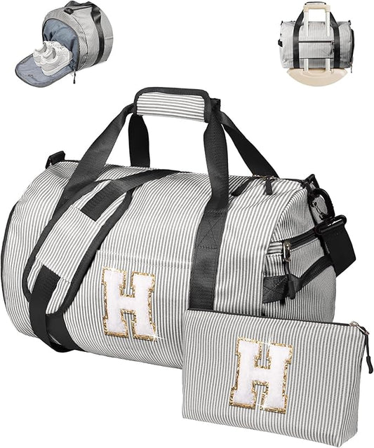 Birthday Gift Idea for Her, Girl Gym Bag, Kids Monogram Overnight Duffel Bags with Shoe Compartment, Personalized Travel Bag with Makeup Pouch, Sweet Girls Gift for Niece (Letter H)