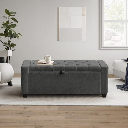 GRAINELL Storage Ottoman Bench, Upholstered Tufted Bedroom Bench with Storage, End of Bed Storage Bench for Living Room & Entryway, 350 lb Capacity, Linen Dark Gray