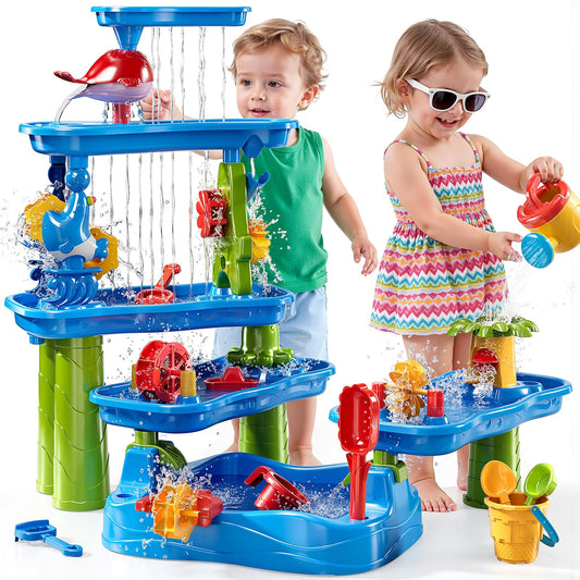 ZDRKWSM 3-Tier 4 Areas Water Table for Kids 3-5, Summer Outdoor Beach Sensory Activity Playset Kids Sand and Water Table Toys, Birthday Gifts for Boys and Girls 3 4 5 6 7 8