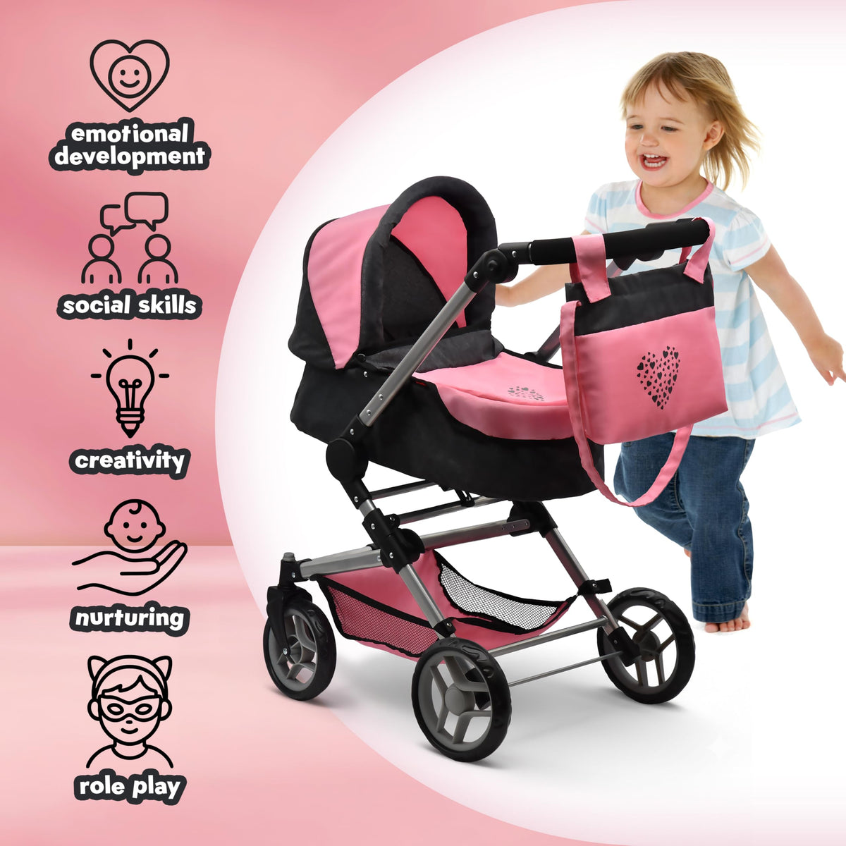 Baby Doll Convertible Stroller 3 in 1 Bassinet and Rear Facing Seat Buggy Foldable Toy Pram for Girls Toddlers Kids Swiveling Wheels Travel System Carriage Combo