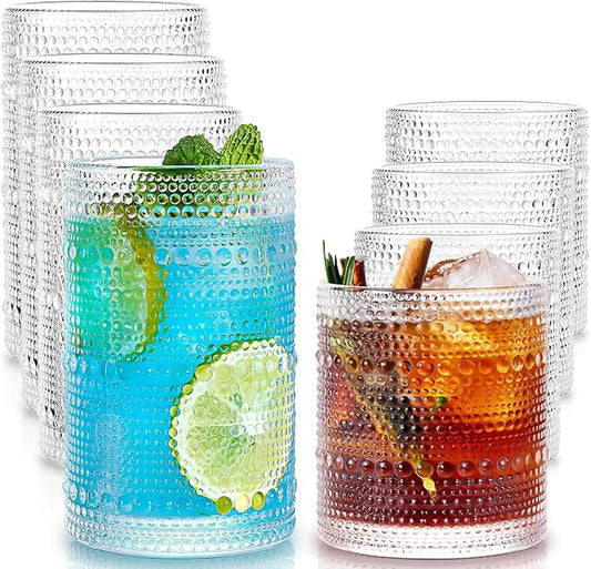 Hobnail Drinking Glasses Set of 8, 4 Highball Glasses 15oz,4 Rocks Glasses 12oz,Mixed Drink Cocktail Glass, Vintage Embossed Glassware Sets for Whiskey,mocktails, Water & Juice Drinkware