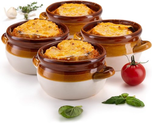 KooK French Onion Soup Bowl Set - Oven Safe Ceramic Crocks with Handles | 16oz & 18oz Capacity, Set of 4