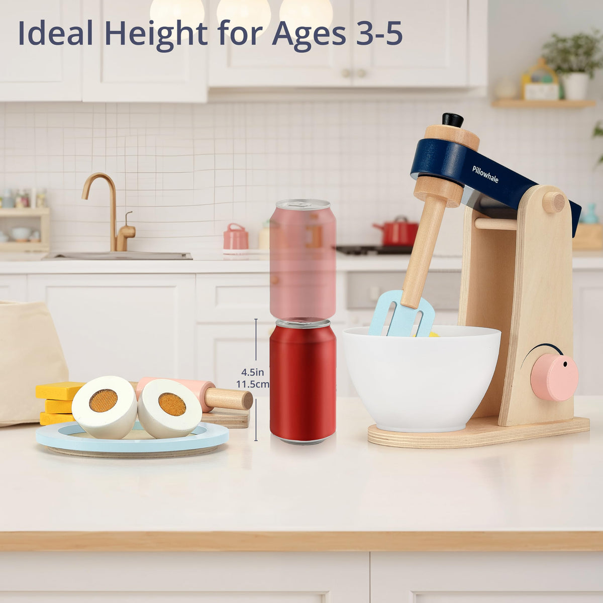 Pillowhale Wooden Kitchen Toys Mixer for Toddlers Age 3+ - 21pcs Montessori Pretend Play Baking Set with Bowl & Rolling Pin, Toy Kitchen Accessories Gift for Girls Boys
