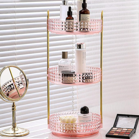 Fangoo 3 Tiers Pink Rotating Makeup Organizer for Vanity 360 Spinning Skincare Organizers for Dresser Perfume Organizer Large Skincare Make up Storage Cosmetic Organizer for Bathroom Countertop