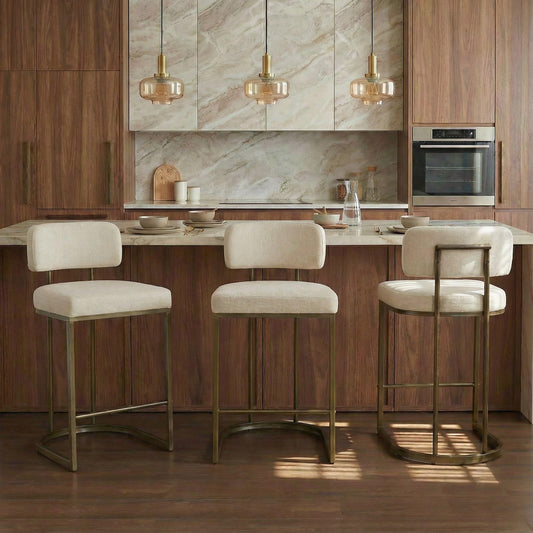 26" H Counter Height Bar Stools Set of 3, Modern Linen Fabric Upholstered Barstools with Backrest for Kitchen Island, Gold Metal Frames, Linen