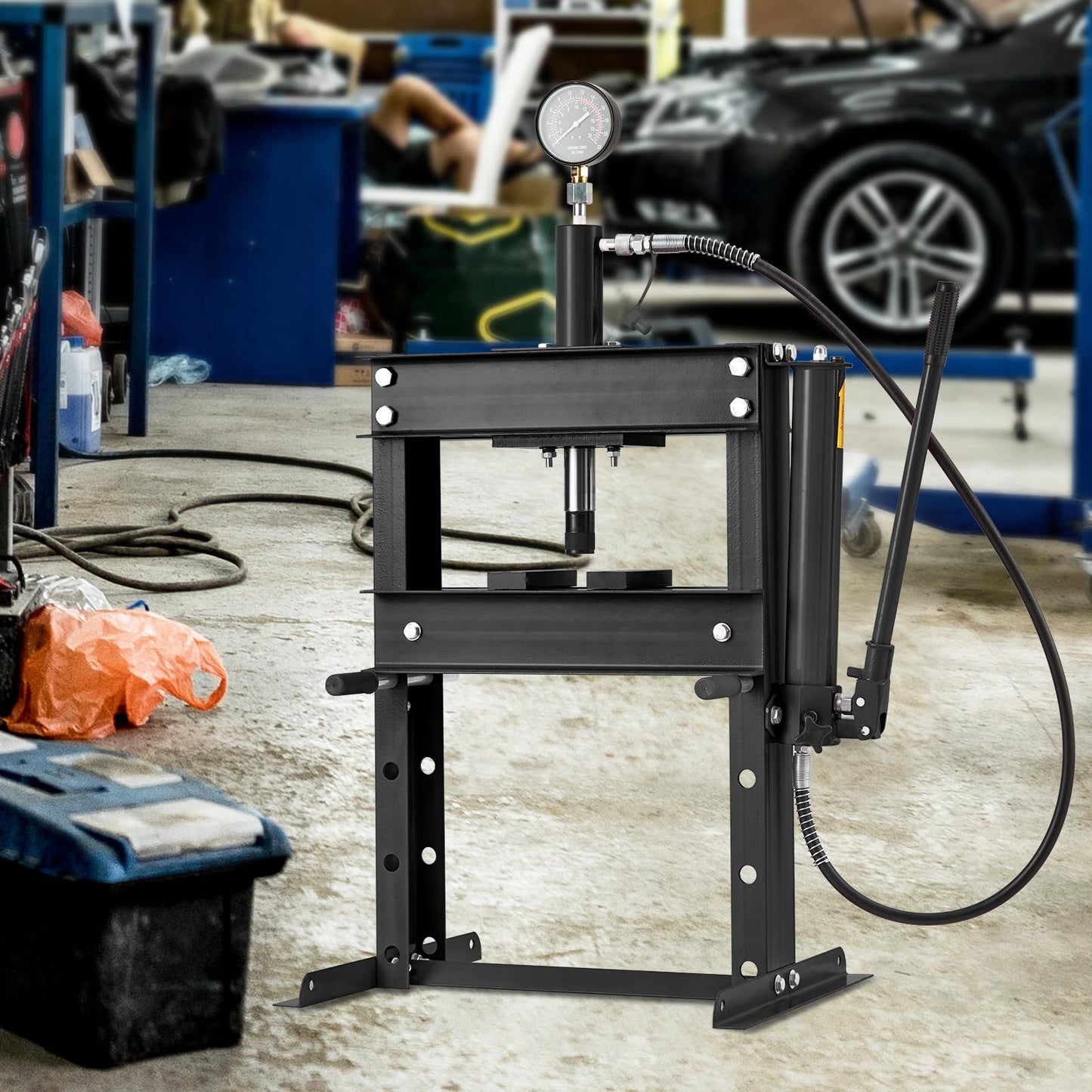 Garvee Hydraulic Press 10 Ton, Hydraulic Shop Press, H Frame Hydraulic Press with 2 Press Plates, Garage Floor Shop Press, Adjustable Work Table Height, Heavy Duty Press, Black