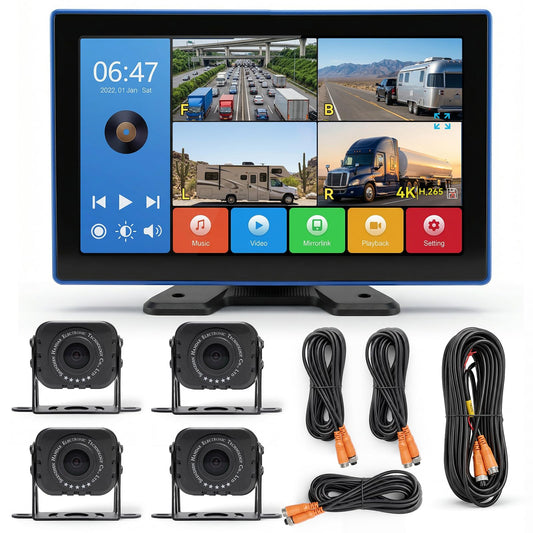 4K RV Backup Camera System 10.1 Quad Split Touchscreen Monitor with 4 1080P Night Vision Cameras IP68K Waterproof Wired Camera for RV Trailer Truck Semi-Trailer, DVR Loop Recording