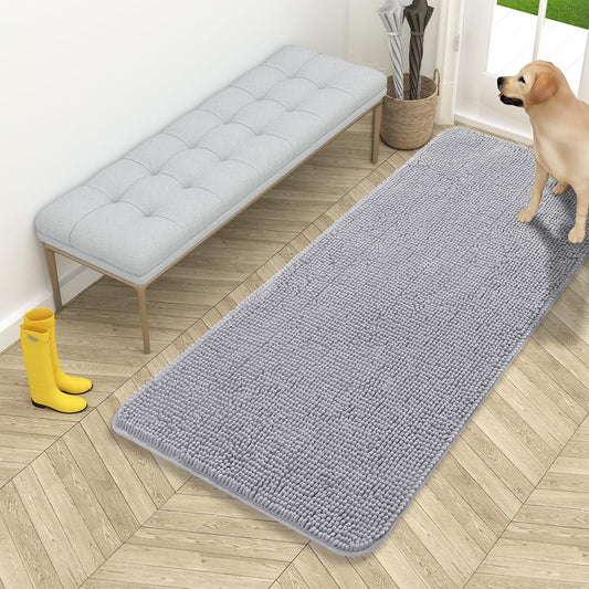 OLANLY Dog Door Mat - Absorbent Non-Slip Chenille Mat for Muddy Paws | 54x24 Light Grey Indoor Carpet