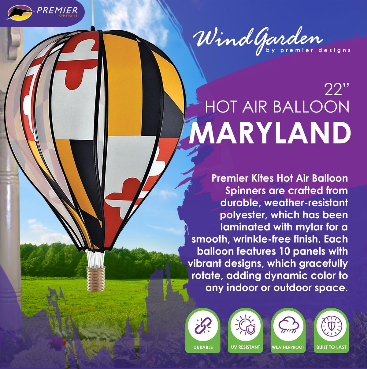 Hot Air Balloon Hanging Garden Spinner 22" - Vibrant Maryland Design, Weather-Resistant Outdoor Decor, Durable & Lightweight for Patios, Yards, and Gardens - Eye-Catching Wind Spinner