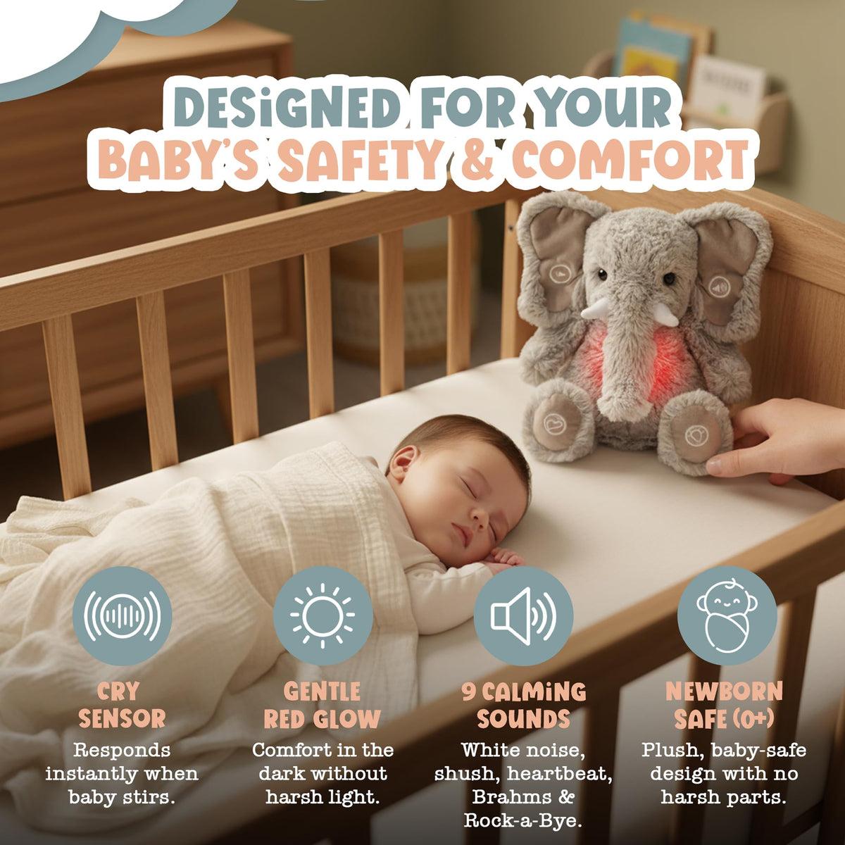 Gemma Joy Baby Sleep Soother Elephant for Baby – Cry Activated Heartbeat Stuffed Animal – Rechargeable Crib Soother with White Noise, Shush, Lullabies & Night Light – The for Newborns